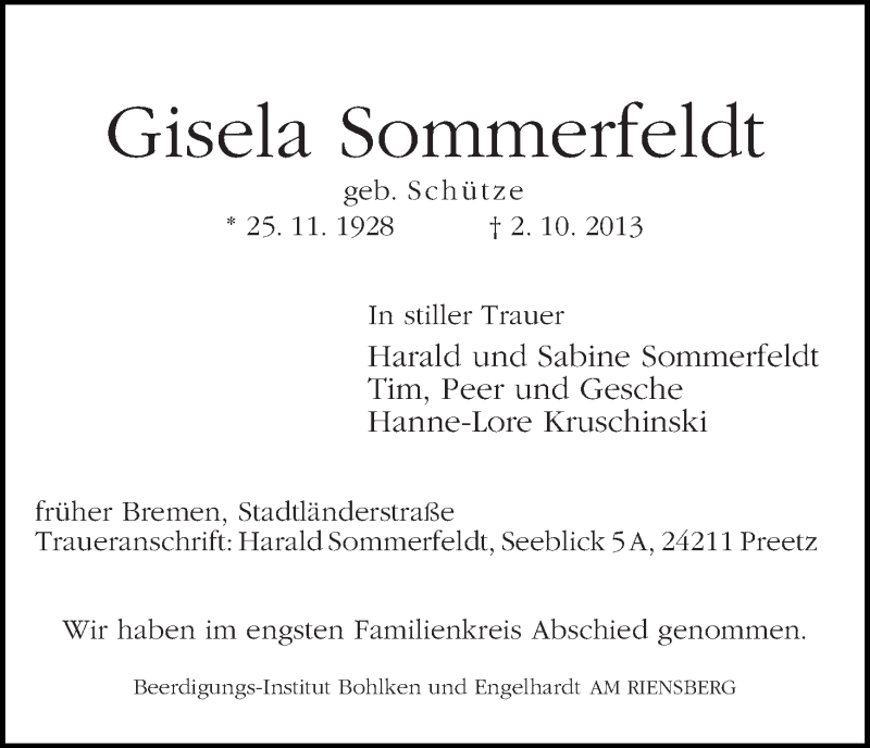 Traueranzeige von Gisela Sommerfeldt von WESER-KURIER