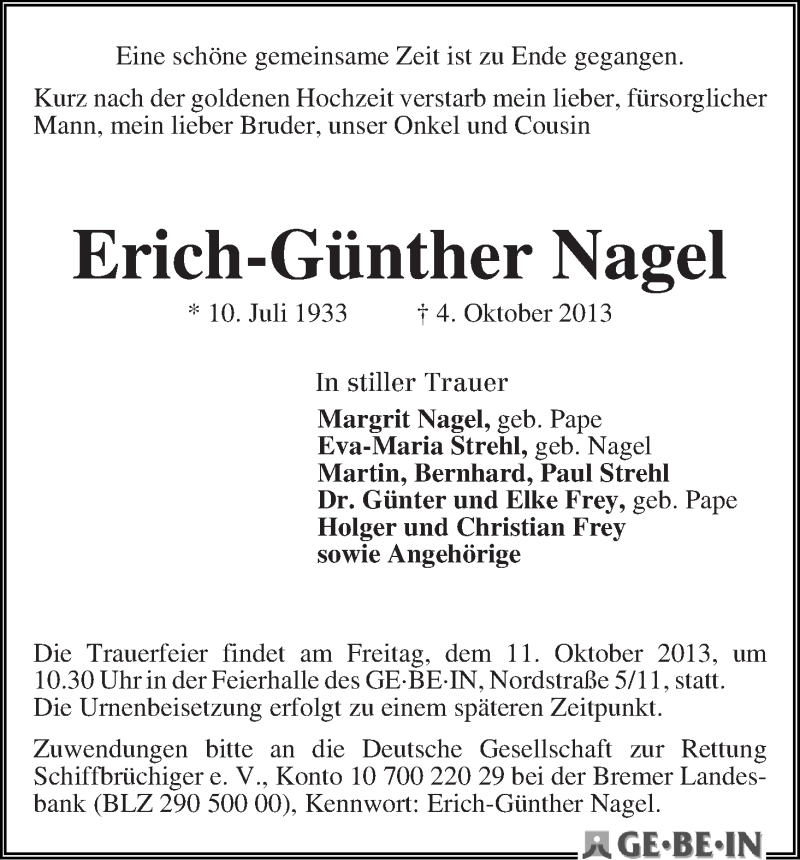 Traueranzeige von Erich-Günther Nagel von WESER-KURIER