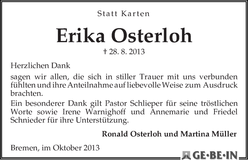 Traueranzeige von Erika Osterloh von WESER-KURIER