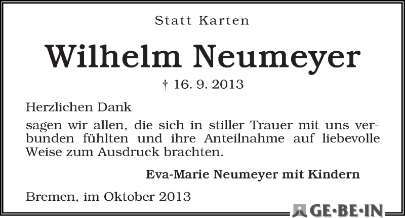 Traueranzeige von Wilhelm Neumeyer von WESER-KURIER