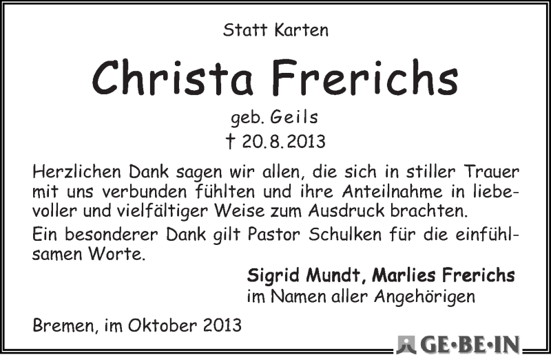 Traueranzeige von Christa Frerichs von WESER-KURIER