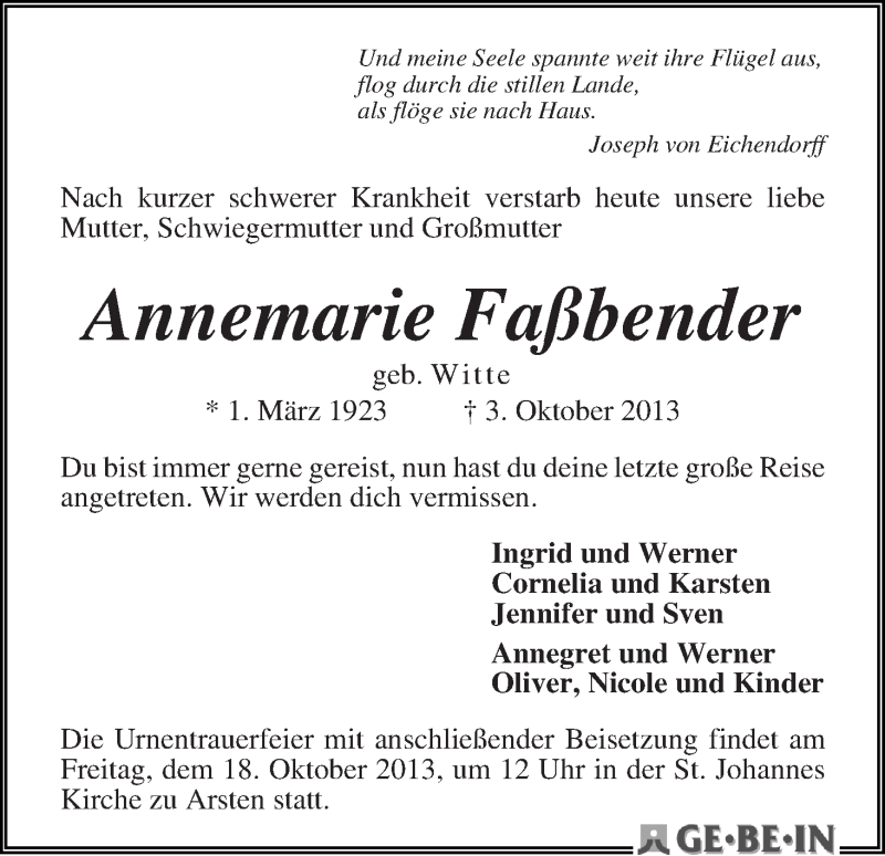 Traueranzeige von Annemarie Faßbender von WESER-KURIER