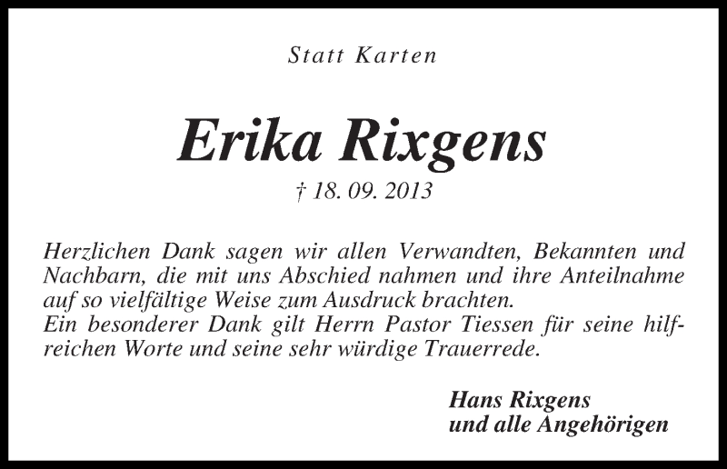 Traueranzeige von Erika Rixgens von WESER-KURIER