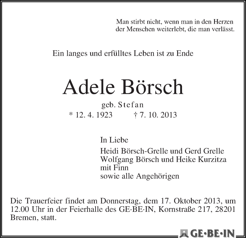 Traueranzeige von Adele Börsch von WESER-KURIER