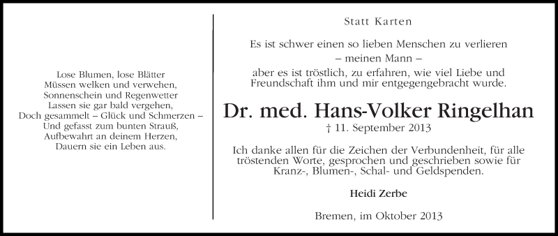 Traueranzeige von Hans-Volker Ringelhan von WESER-KURIER