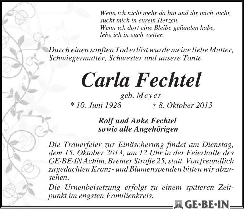 Traueranzeige von Carla Fechtel von WESER-KURIER