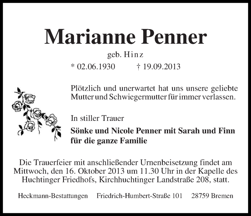 Traueranzeige von Marianne Penner von WESER-KURIER