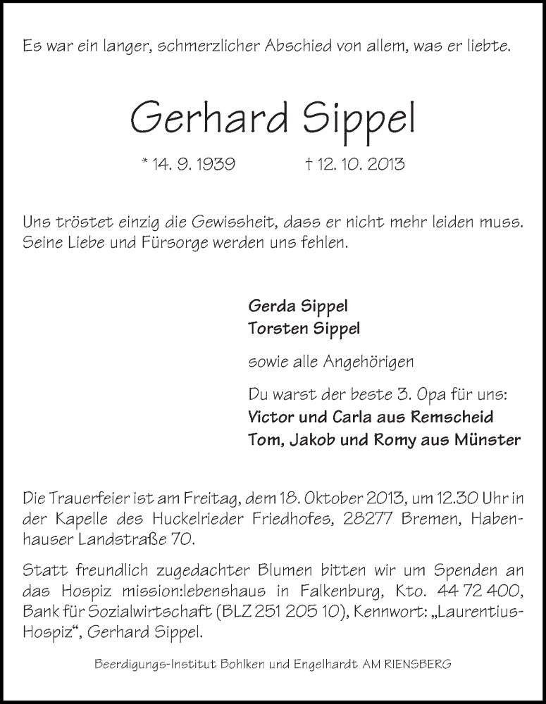 Traueranzeige von Gerhard Sippel von WESER-KURIER