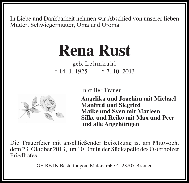 Traueranzeige von Rena Rust von WESER-KURIER