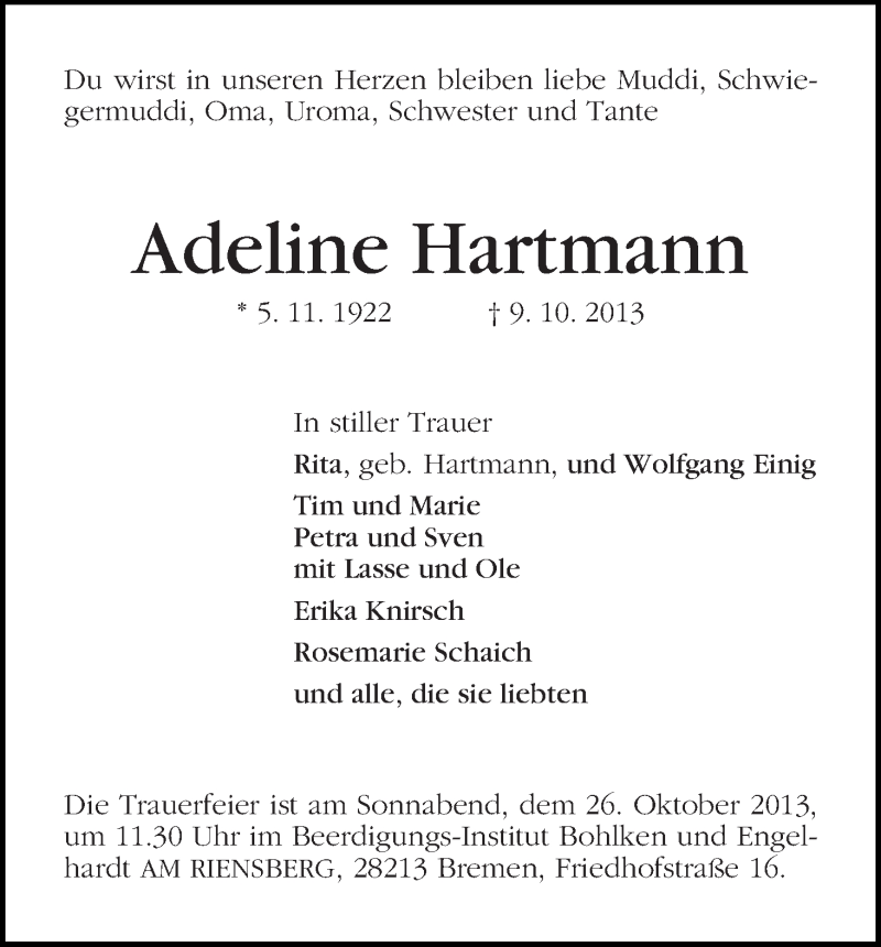 Traueranzeige von Adeline Hartmann von WESER-KURIER