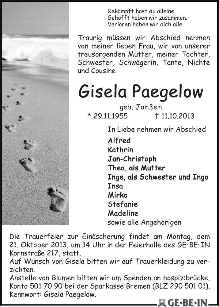 Traueranzeige von Gisela Paegelow von WESER-KURIER