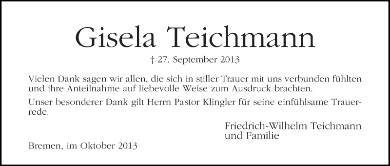 Traueranzeige von Gisela Teichmann von WESER-KURIER