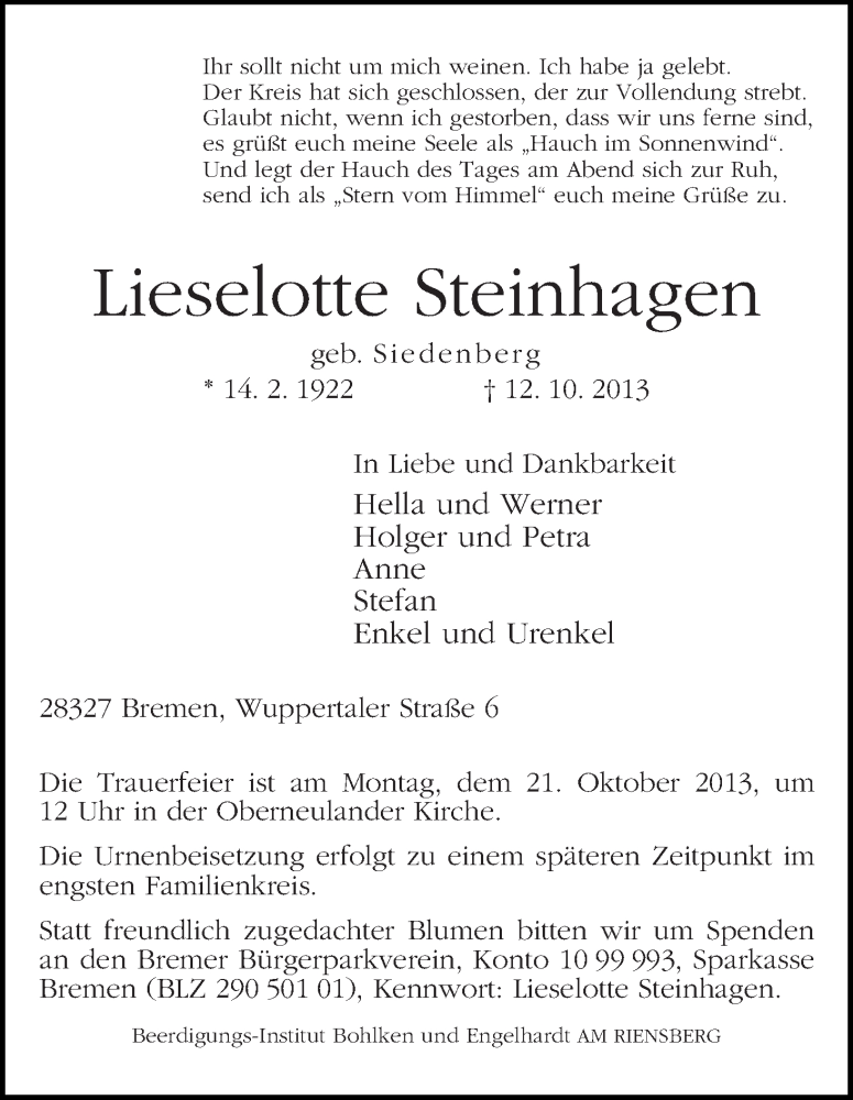 Traueranzeige von Lieselotte Steinhagen von WESER-KURIER