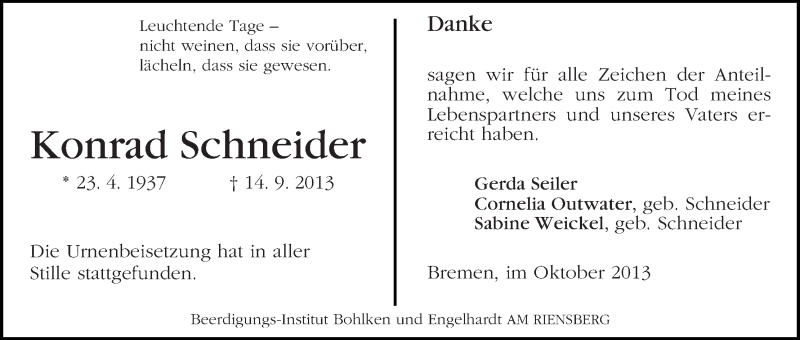 Traueranzeige von Konrad Schneider von WESER-KURIER