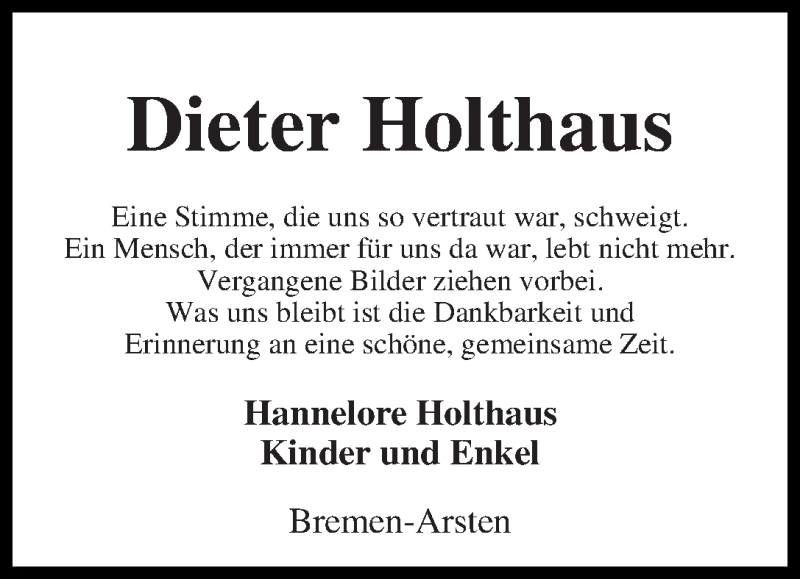 Traueranzeige von Dieter Holthaus von WESER-KURIER