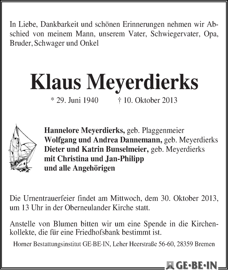 Traueranzeige von Klaus Meyerdierks von WESER-KURIER