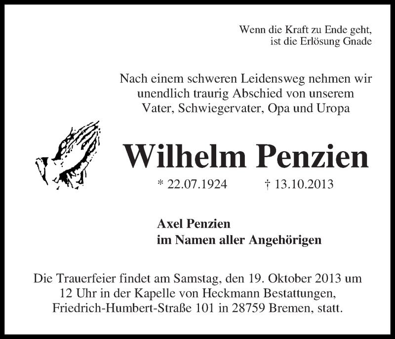 Traueranzeige von Wilhelm Penzien von WESER-KURIER