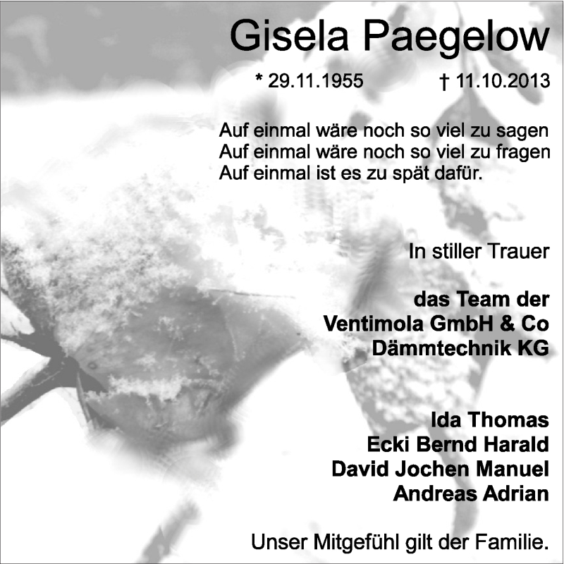 Traueranzeige von Gisela Paegelow von WESER-KURIER