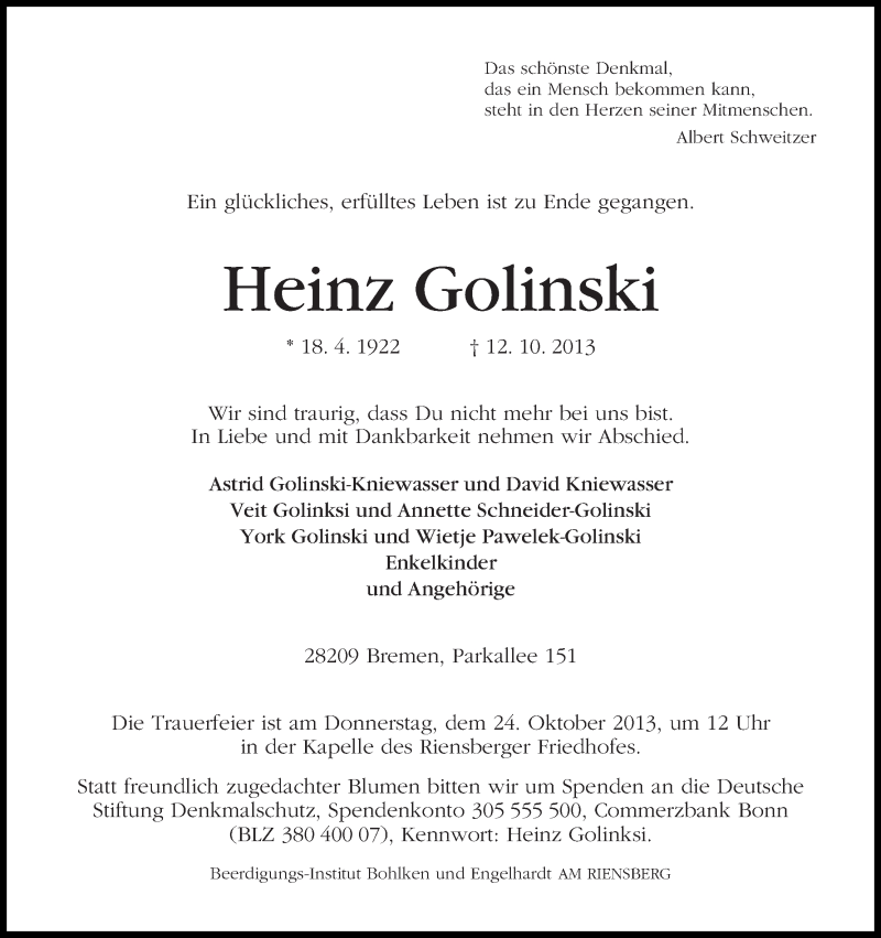 Traueranzeige von Heinz Golinksi von WESER-KURIER