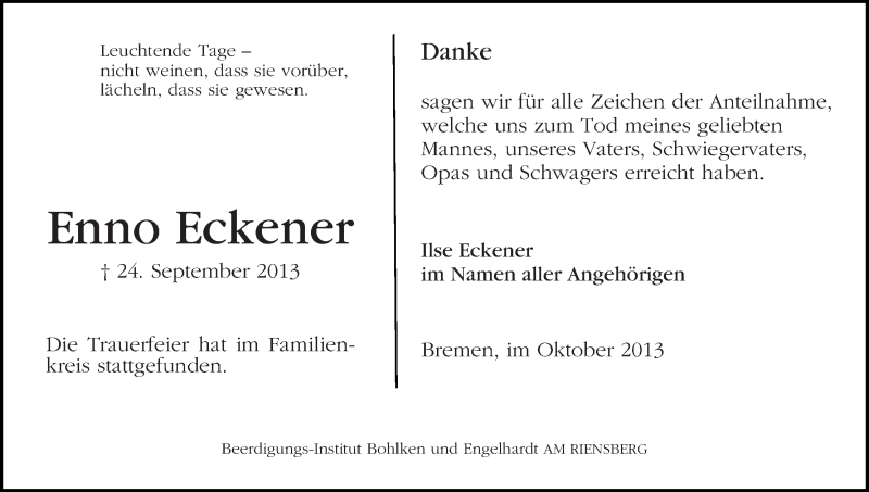 Traueranzeige von Enno Eckner von WESER-KURIER