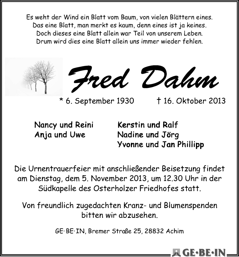 Traueranzeige von Fred Dahm von WESER-KURIER