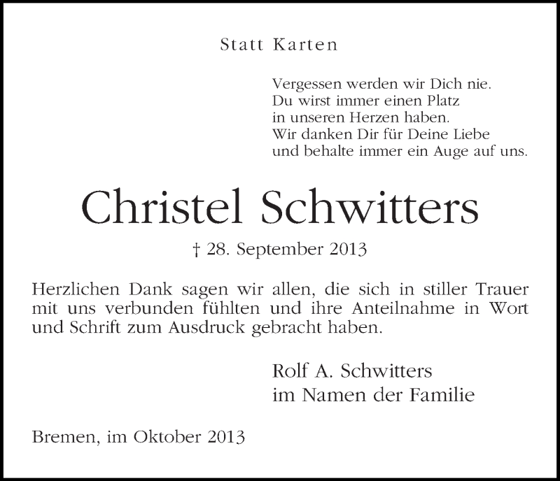 Traueranzeige von Christel Schwitters von WESER-KURIER