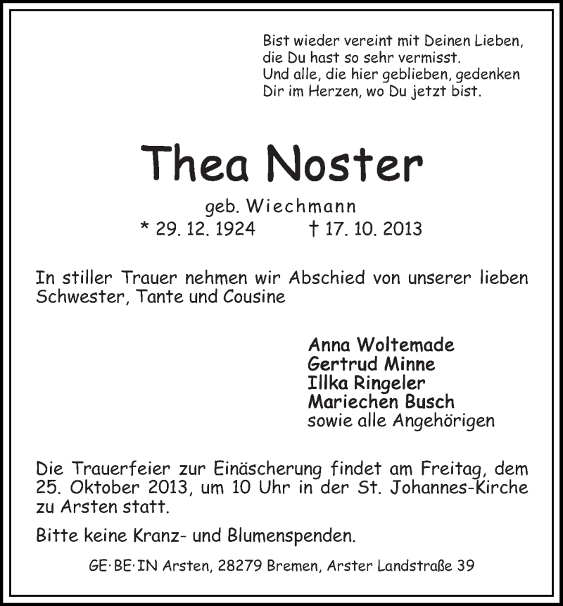 Traueranzeige von Thea Noster von WESER-KURIER
