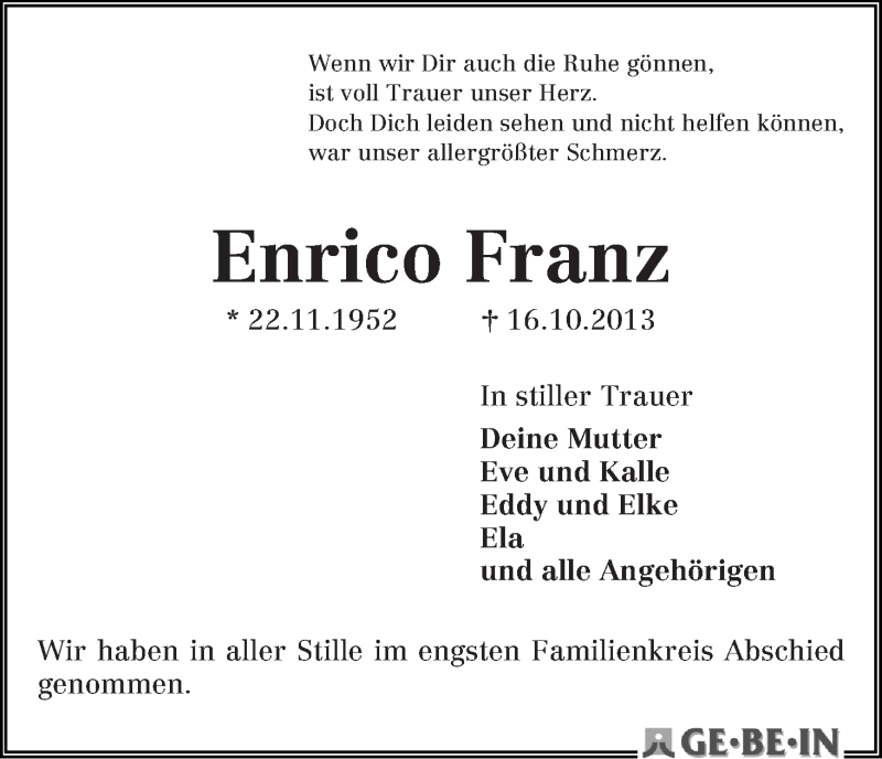 Traueranzeige von Enrico Franz von WESER-KURIER