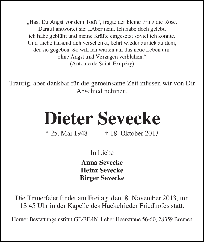 Traueranzeige von Dieter Sevecke von WESER-KURIER