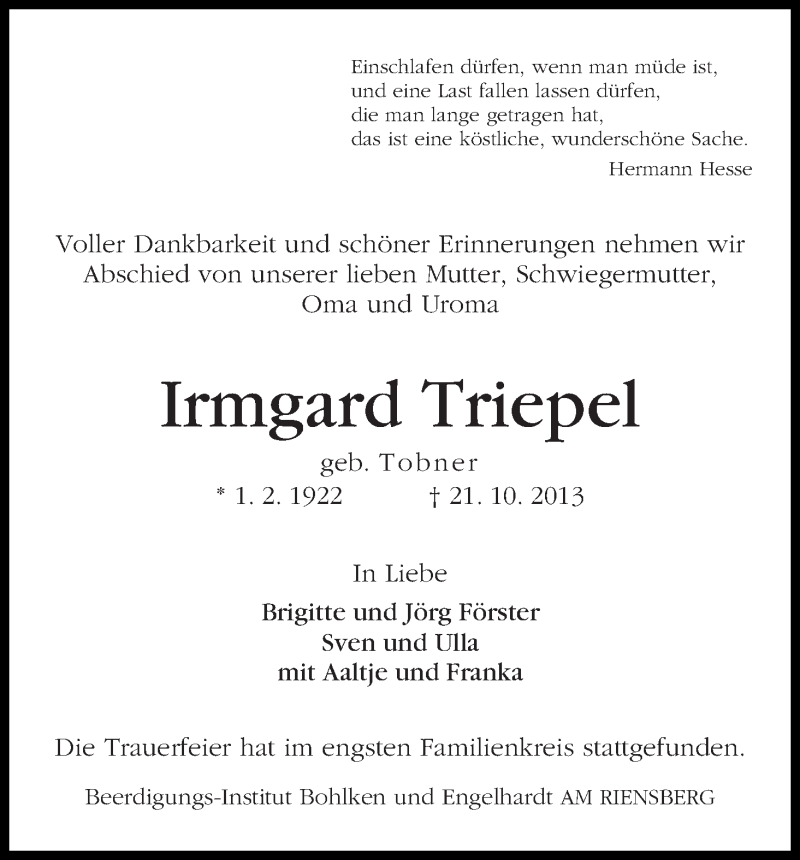 Traueranzeige von Irmgard Triepel von WESER-KURIER