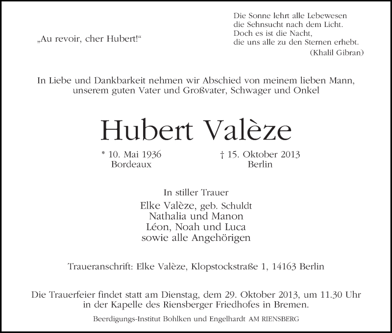 Traueranzeige von Hubert Valèze von WESER-KURIER