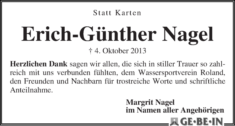 Traueranzeige von Erich-Günther Nagel von WESER-KURIER