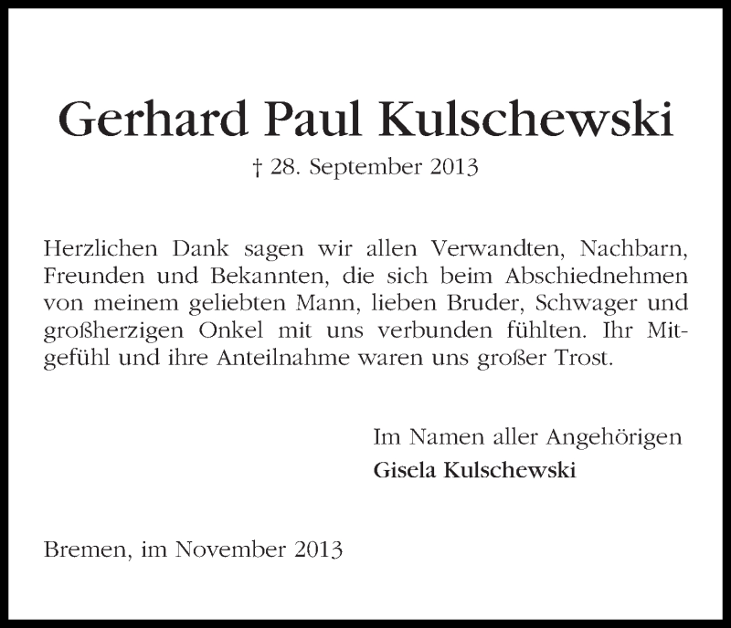 Traueranzeige von Gerhard Paul Kulschewski von WESER-KURIER