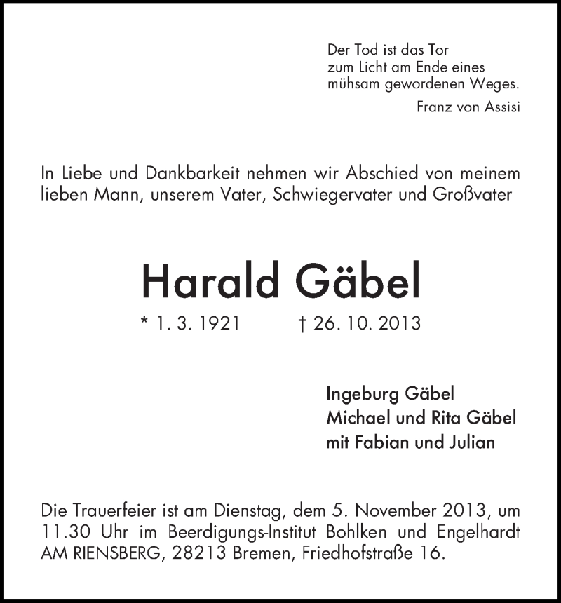 Traueranzeige von Harald Gäbel von WESER-KURIER
