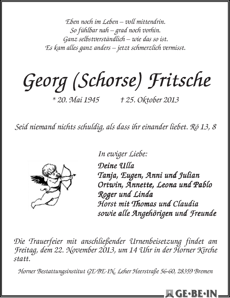 Traueranzeige von Georg Fritsche von WESER-KURIER