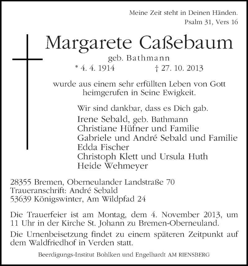 Traueranzeige von Margarete Caßebaum von WESER-KURIER