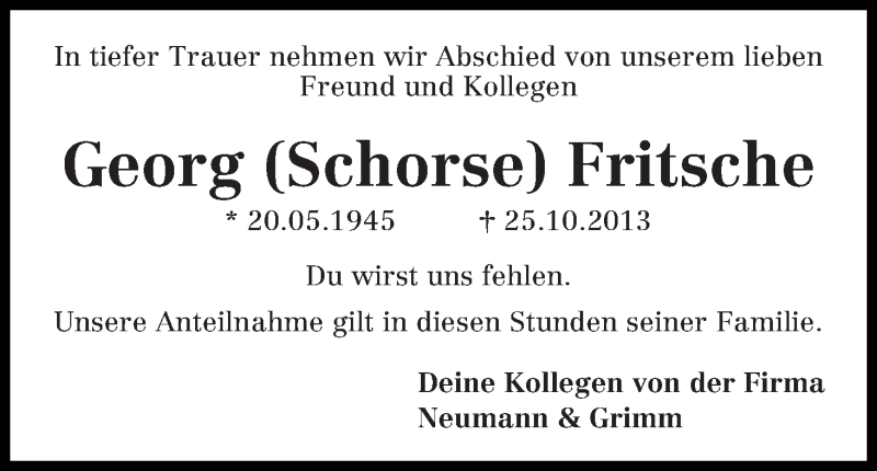 Traueranzeige von Georg Fritsche von WESER-KURIER