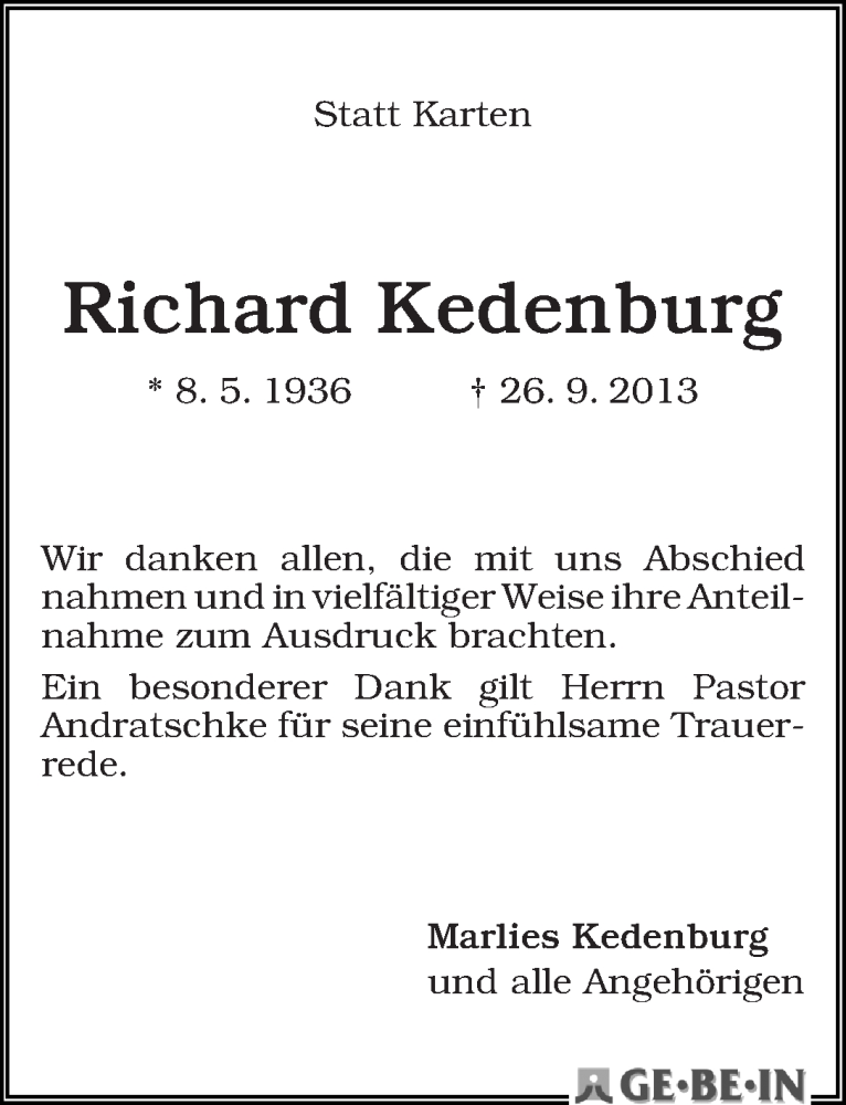 Traueranzeige von Richard Kedenburg von WESER-KURIER