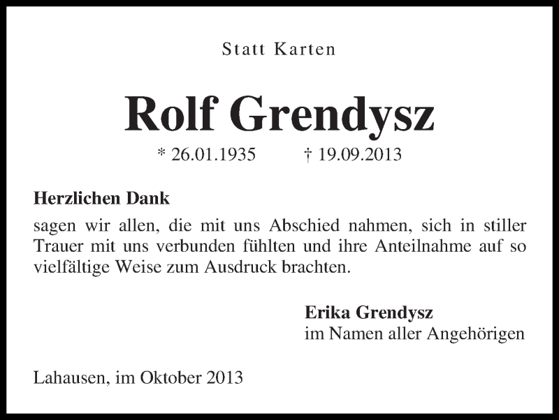 Traueranzeige von Rolf Grendysz von WESER-KURIER