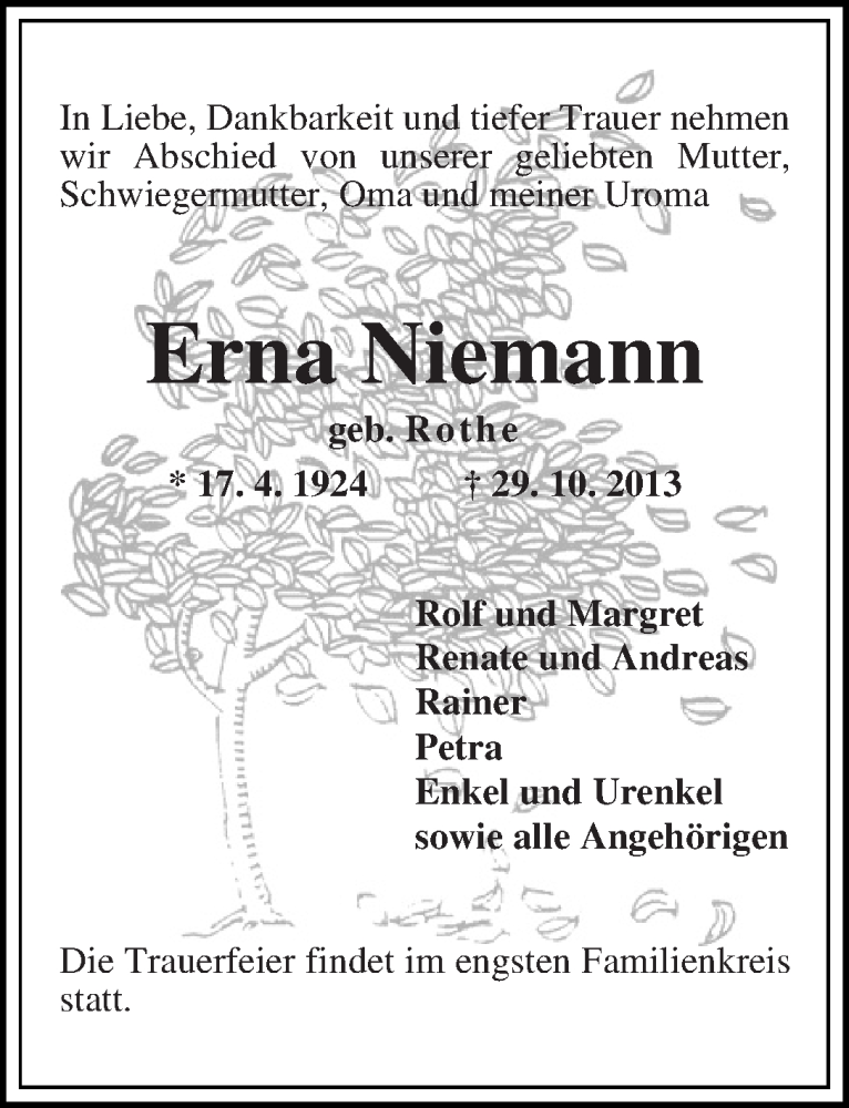 Traueranzeige von Erna Niemann von WESER-KURIER