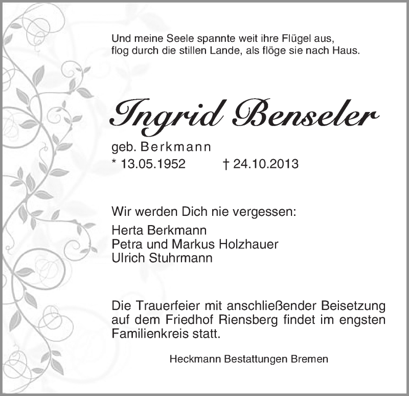 Traueranzeige von Ingrid Benseler von WESER-KURIER