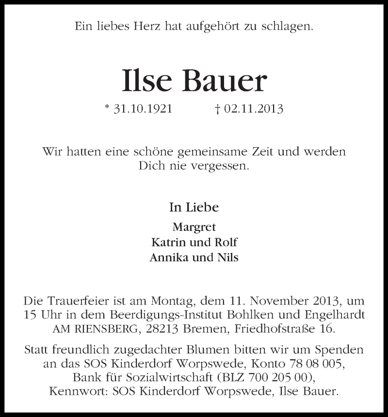 Traueranzeige von Ilse Bauer von WESER-KURIER