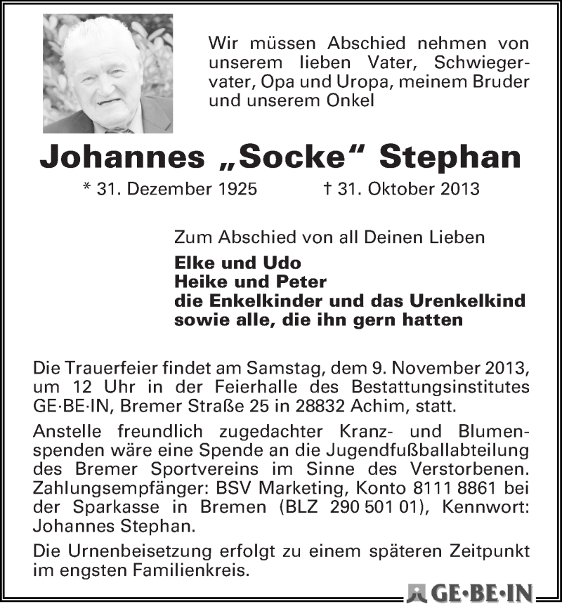 Traueranzeige von Johannes Stephan von WESER-KURIER