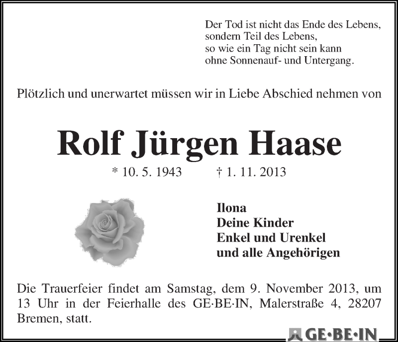 Traueranzeige von Rolf Jürgen Haase von WESER-KURIER