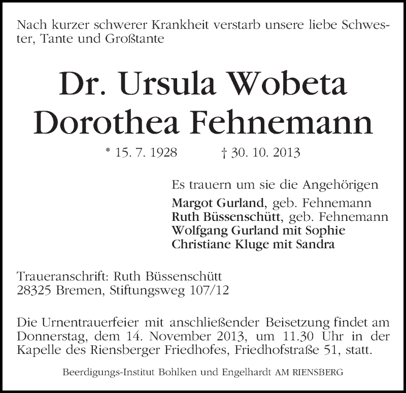 Traueranzeige von Ursula Wobeta Dorothea Fehnemann von WESER-KURIER
