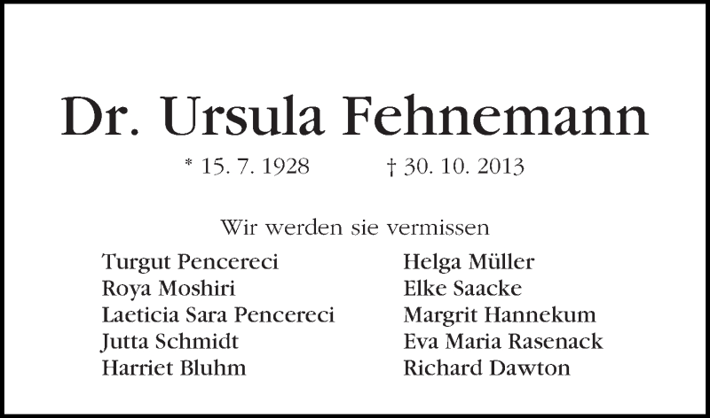 Traueranzeige von Ursula Wobeta Dorothea Fehnemann von WESER-KURIER