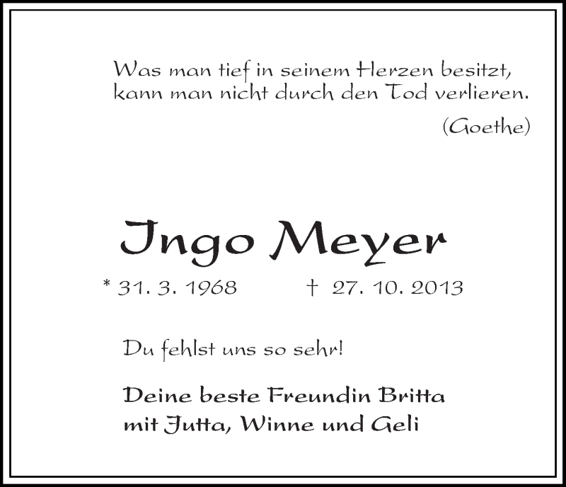 Traueranzeige von Ingo Meyer von WESER-KURIER