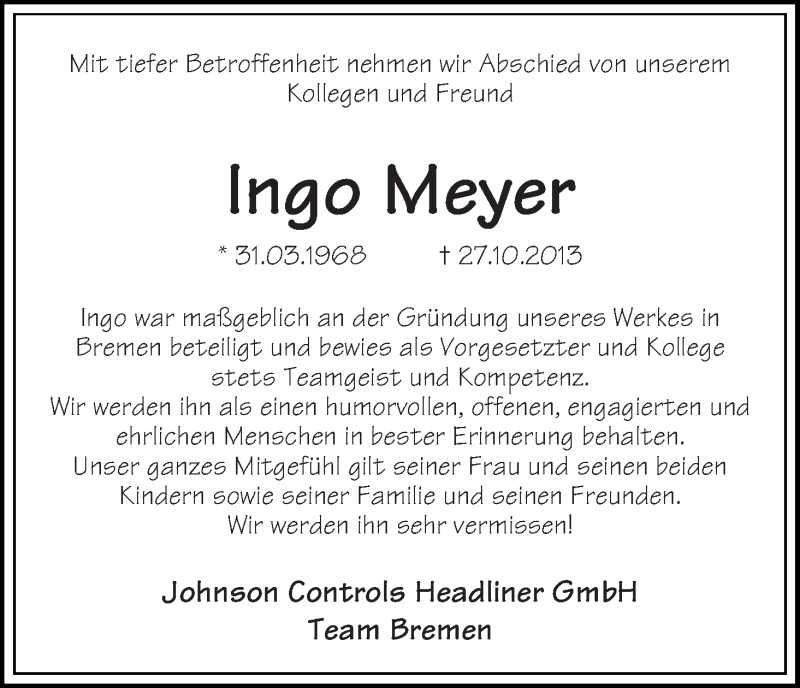 Traueranzeige von Ingo Meyer von WESER-KURIER