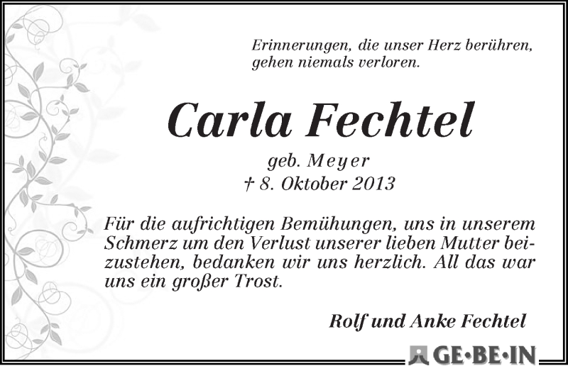 Traueranzeige von Carla Fechtel von WESER-KURIER