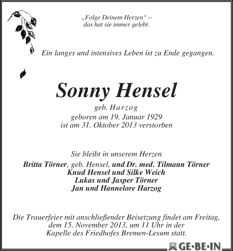 Traueranzeige von Sonny Hensel von WESER-KURIER
